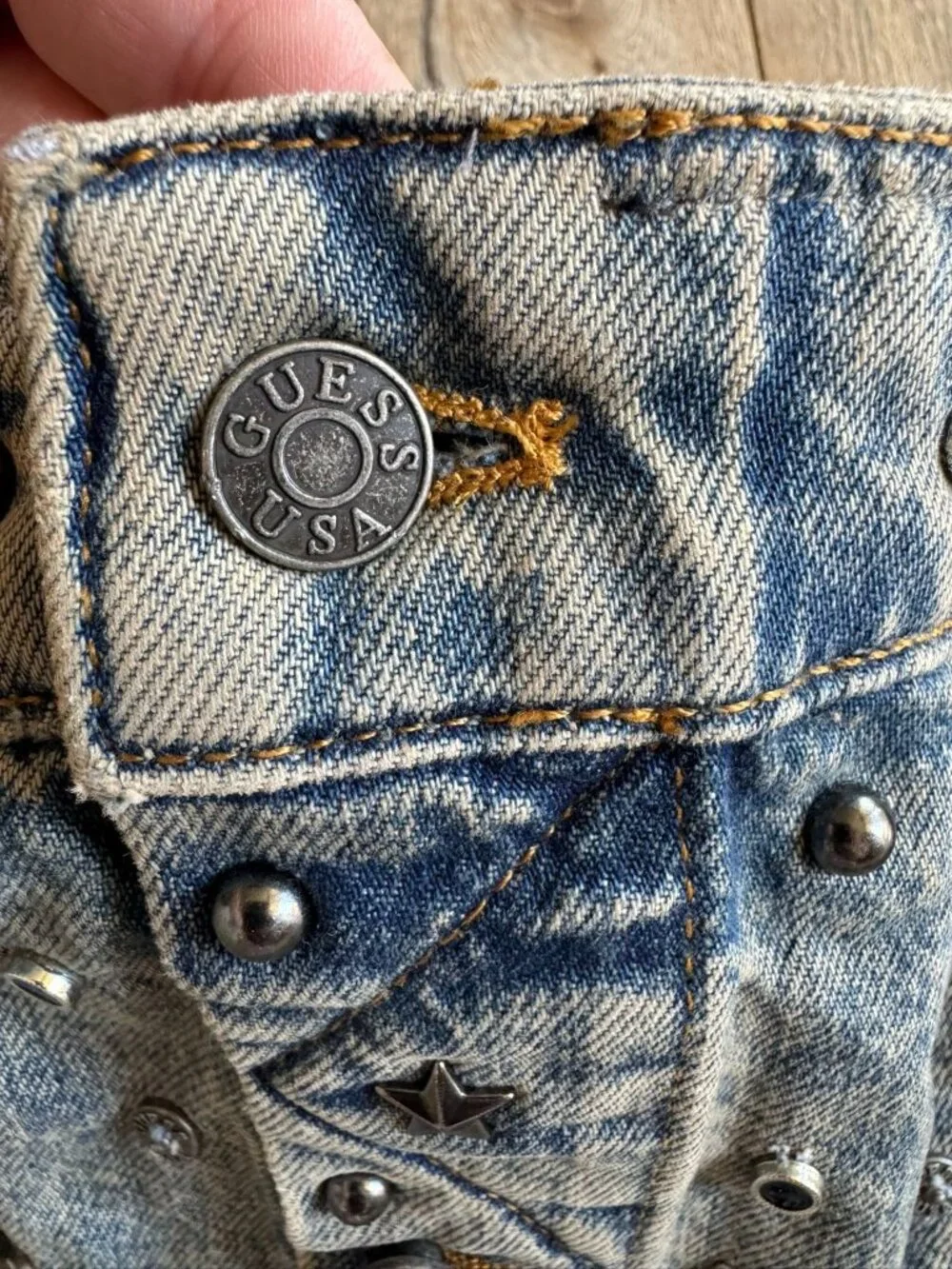 GUESS USA Silver Stud Embellished Gusa‎ Indigo Brown Tint Denim Corset Large